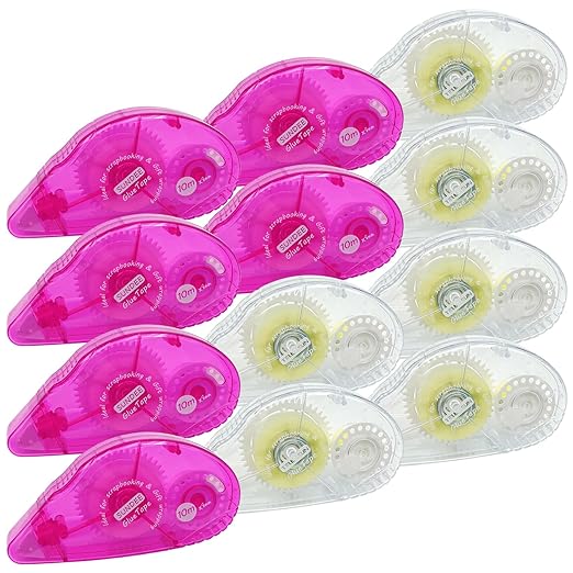 Glue Runner Permanent, Double Sided Adhesive Scrapbook Runner Tape Roller, 0.3-inch by 360-Inch, Permanent Adhesive Dots Roller Applicator - 12 Packs Rose and White