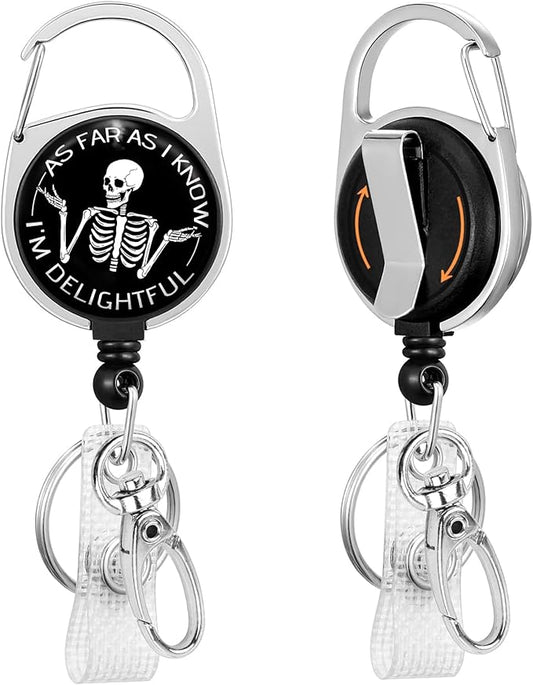As Far As I Know I'm Delightful Badge Reel Retractable Heavy Duty with 360°Swivel Carabiner Clip,Skeleton ID Badge Holder Retractable, Nurse Teacher ID Card Holder Retractable Keychain Name Badge Clip
