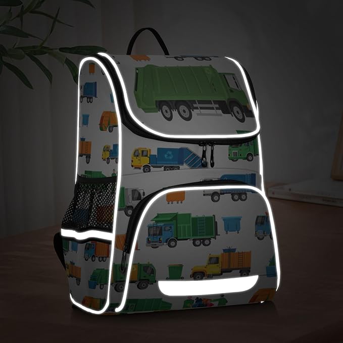 Garbage Trucks Backpack with Reflective Strip for Kids Boys Girls Elementary School Bag Removable Chest Strap