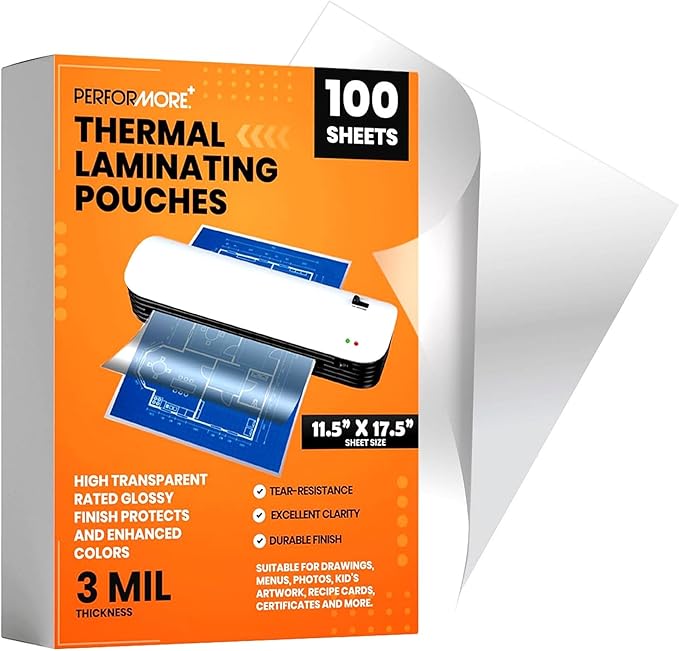 Performore 100 Pack Laminating Sheets, Hold 11 x 17 Inch, 3.5 Mil Clear Thermal Laminating Pouches 11.5 x 17.5 Inch Lamination Paper for Laminator, Round Corner