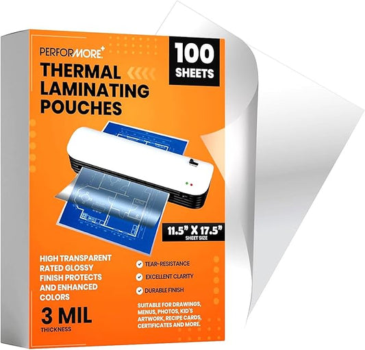 Performore 100 Pack Laminating Sheets, Hold 11 x 17 Inch, 3.5 Mil Clear Thermal Laminating Pouches 11.5 x 17.5 Inch Lamination Paper for Laminator, Round Corner