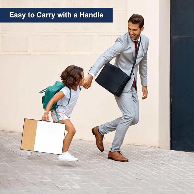 Small Cork Board Whiteboard Combo - 12" X 16" Portable Aluminum Black Framed Magnetic Dry Erase Board for Wall, Mini Bulletin CorkBoard with a Handle for Office, Home and School