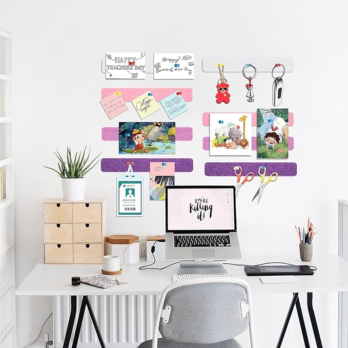 Felt Pin Board Bar Strips Bulletin Board for Bedrooms Offices Home Wall Decoration, Notice Board Self Adhesive Cork Board with 35 Push Pins for Paste Notes, Photos, Schedules (Multi- Purple)