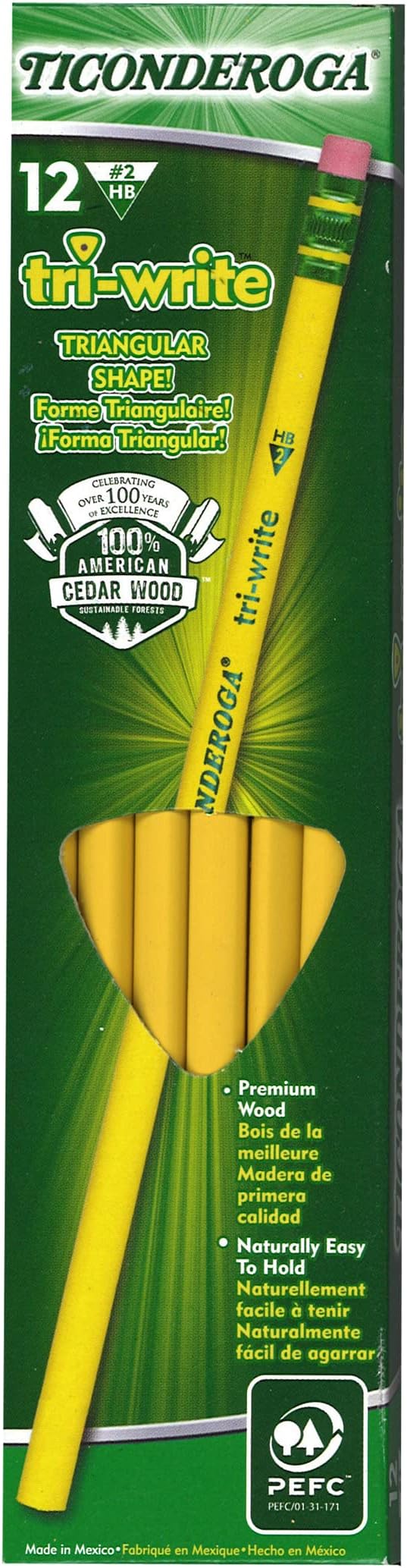 Ticonderoga Tri-Write Triangular Pencils, Wood-Cased #2 HB Soft, Yellow (13856) (Pack of 6, 72 Count Total)