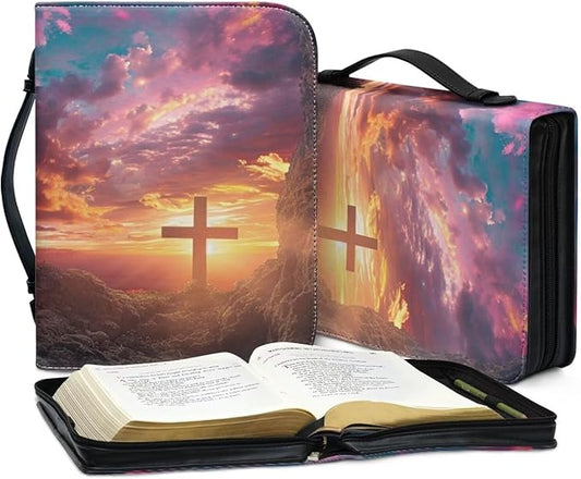 Lotusorchid Bible Book Cover for Women, Cross Print Bible Cover Case Sturdy Zippered Bible Carrying Case with Handle Pocket Portable Bible Bag for Bible Study, Pink, 2XL