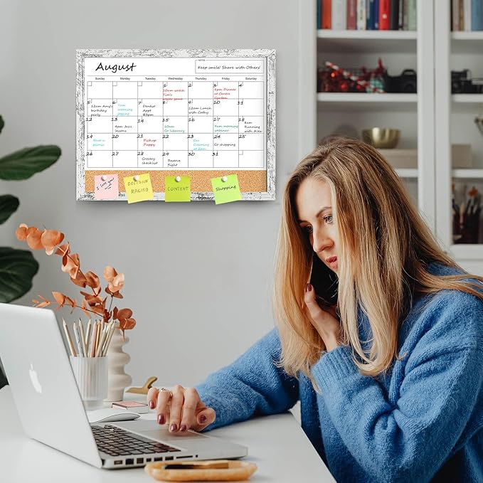Dry Erase Calendar for Wall, 17"x13" Whiteboard Calendar Cork Board Combo, Magnetic White Board Monthly Calender with Wood Framed, Hanging Dry Erase Board for Office Kitchen Home Planner Memo