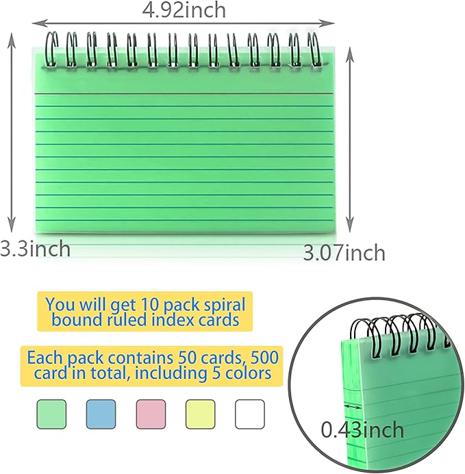 MotBach 500 Sheets Multicolor Index Cards, 10 Pads Spiral Bound Ruled Index Cards with PVC Cover, Learning Card Note Cards for Home School and Office, 3.3 x 5 Inch, 5 Colors