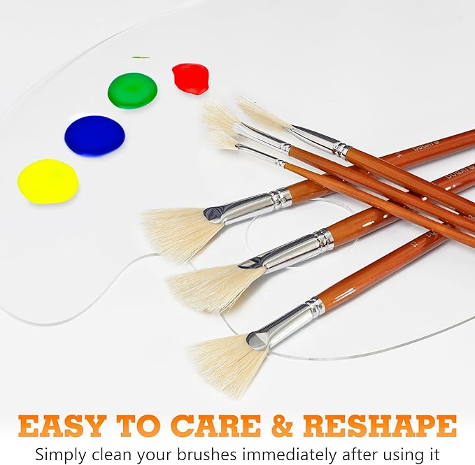 DUGATO Artist Fan Paint Brush Set of 9, White Hog Bristle Natural Hair Anti-Shedding Brush Tips, Long Wooden Handle for Comfortable Holding, Great for Acrylic Watercolor Oil Painting