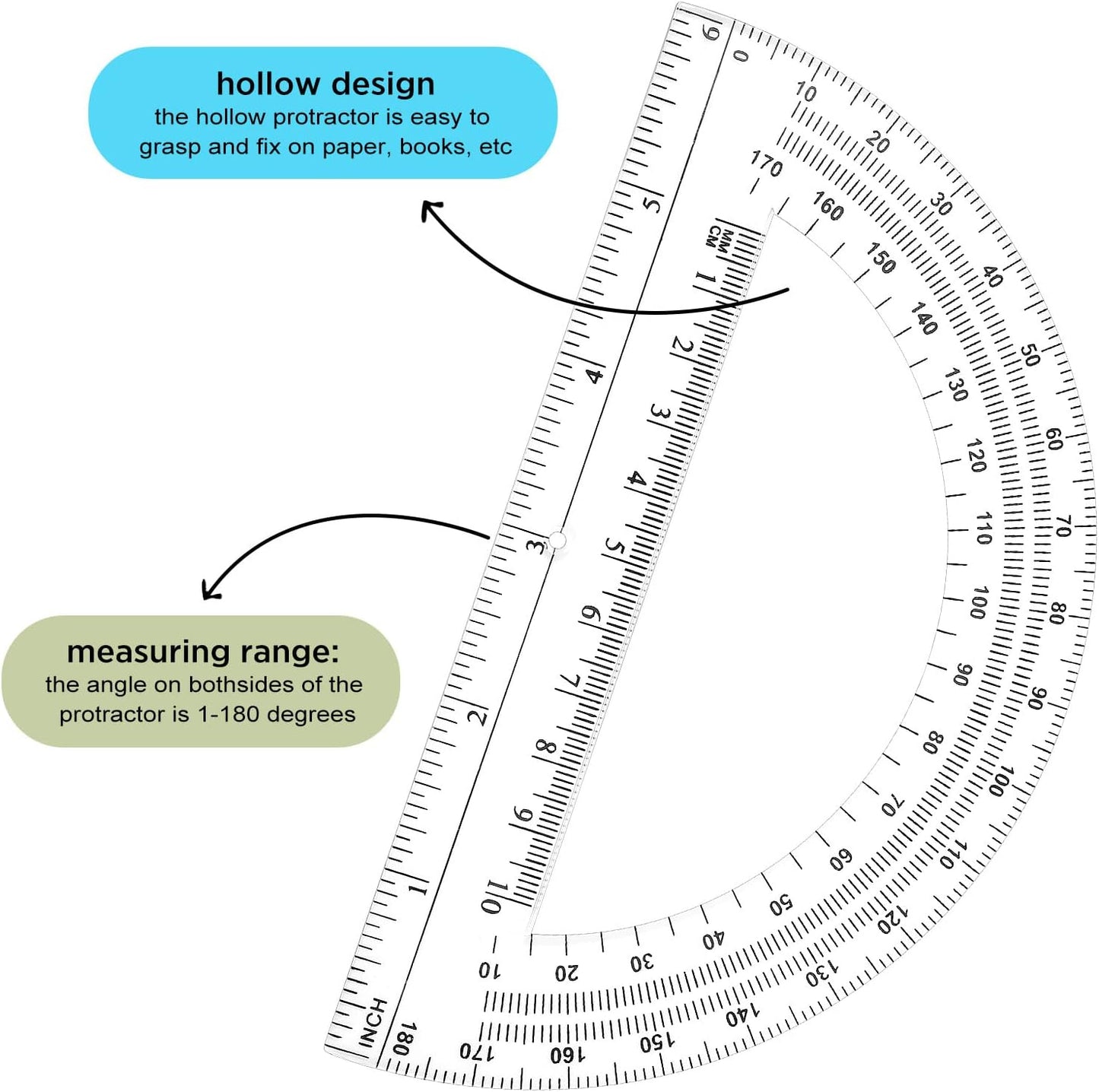 Zonon 6 Pieces Plastic Protractors Bulk Classroom Clear Math Protractors 180 Degrees 6 Inch for Geometry Student, Angle Measurement, Students Back to School Supplies Office Supplies