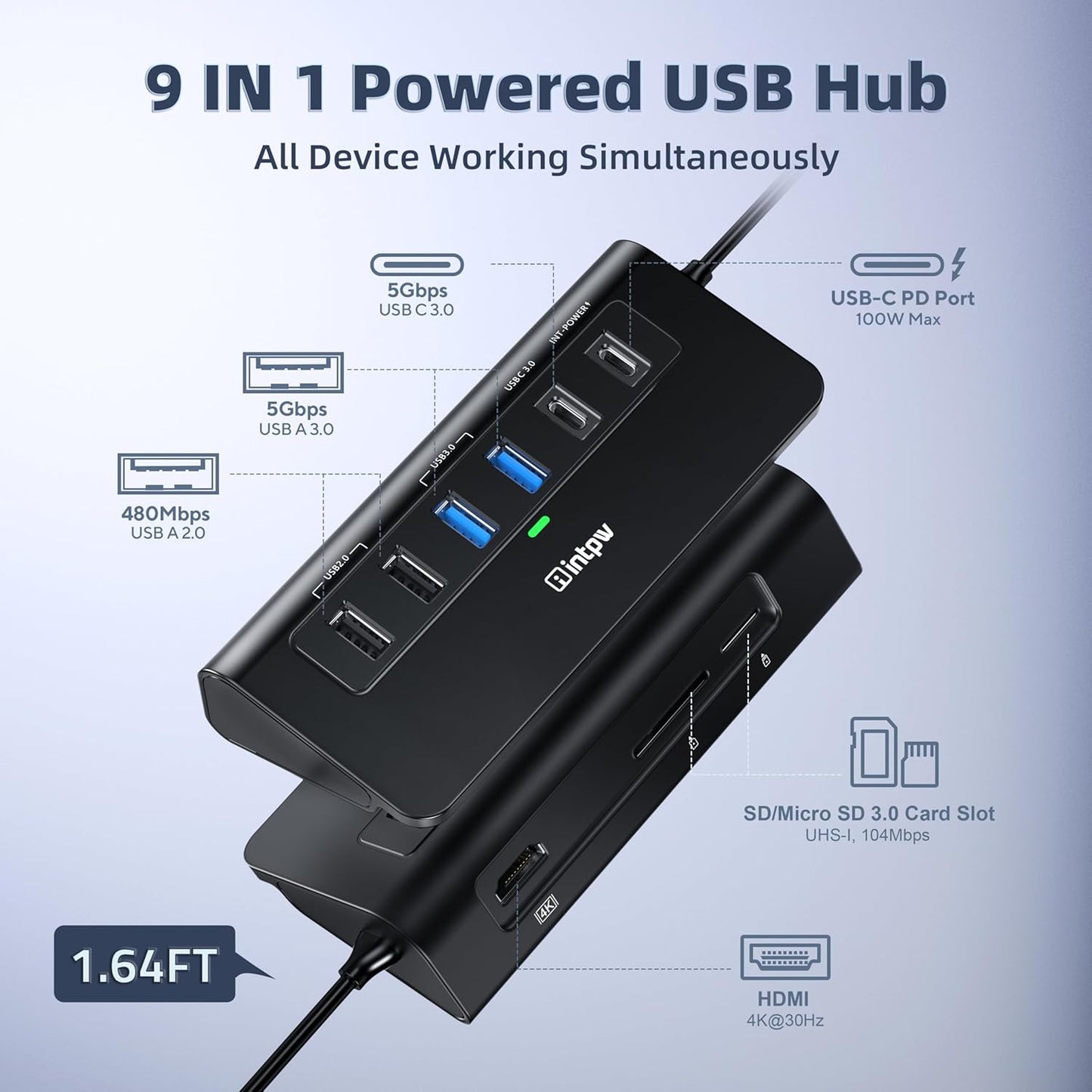 USB C Hub, INTPW 9-in-1 USB C to HDMI Adapter with 4K HDMI, PD 100W, USB-C and 2 USB A 3.0 5Gbps, 2 USB A 2.0, SD/TF Slots for MacBook Pro/Air, iPad Pro, iPhone 15/16 Series and Other Type C Devices