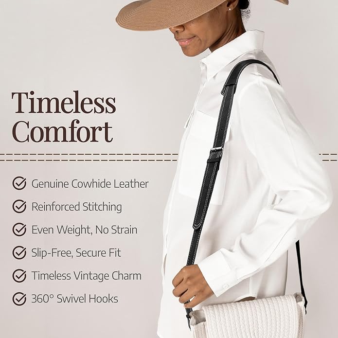 NJ Leatherworks Leather Bag Strap, Adjustable Replacement Shoulder Strap for Messenger, Duffel, Laptop, Camera Bags or Purses