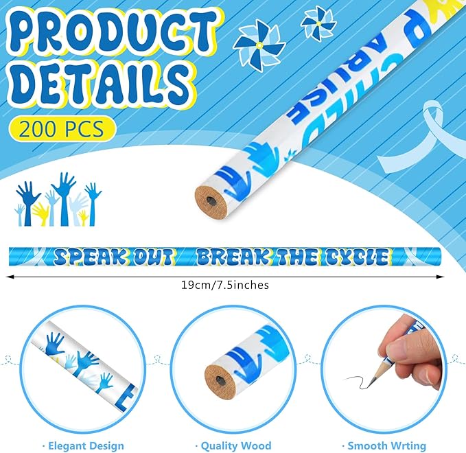 Frienda 200 Pcs Bulk Child Abuse Awareness Pencils Blue Windmill Abuse Pencils for Mental Health April Child Prevention Month Charity Fundraising Awareness Campaigns Teacher Office Supplies