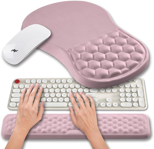 Hokafenle 2 in 1 Ergonomic Mouse Pad Wrist Support & Wrist Rest for Computer Keyboard Set, with Relieve Carpal Tunnel Pain Massage Bulge and Full Memory Gel Design (2In1 Set, Pink)