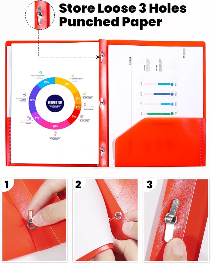 SUNEE 2 Pocket Folders with Prongs (3 Pack, Red) Plastic Folders with Pockets and Prongs Fit Letter Size, Poly Folders with Pockets for School Office Home Business