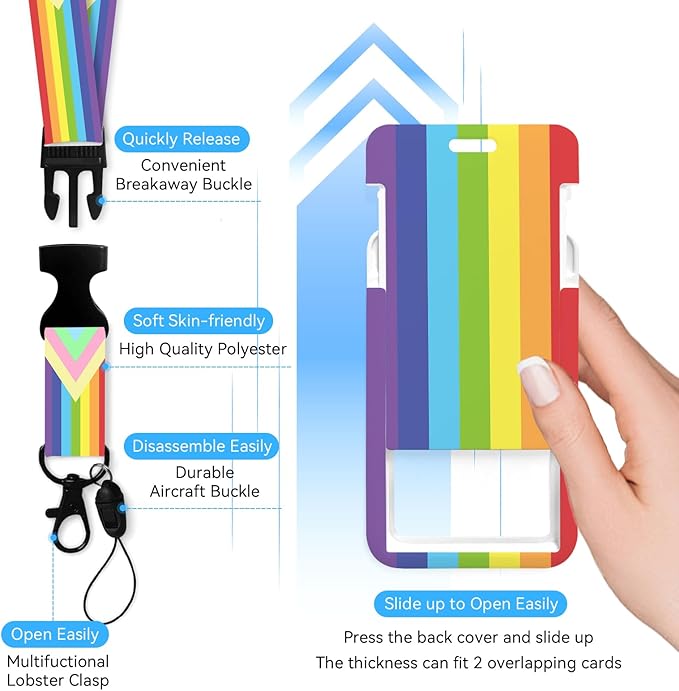 Rainbow Vertical Stripes Badge Holder with Retractable Reel and Breakaway Lanyard，Badge Clips Retractable Heavy Duty Badge Reel，Keychain，ID Holder with Breakaway Lanyard for School Nurse Office