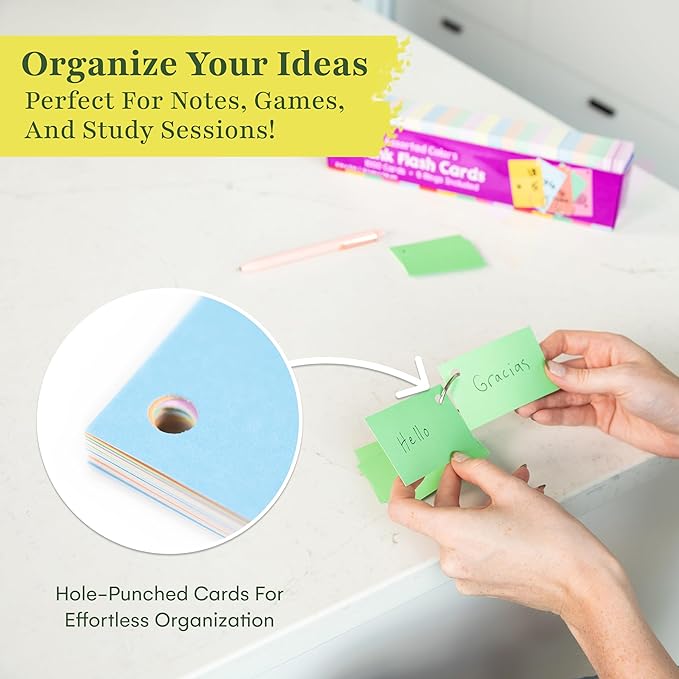 Star Right Assorted Colored Blank Flash Cards - 3x5 inches Blank Index Note Cards, Flash Cards Blank, 1000 Pre Hole Punched with Metal Binder Rings, Blank Flashcards for GMT Prep, Math, Language