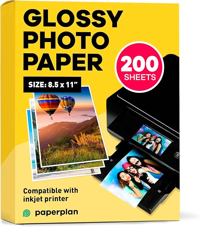 Glossy Photo Paper For Printer 8.5 x 11" - (200 Sheets) - Works with Inkjet Printer, Easy to Use, Excellent Picture Paper