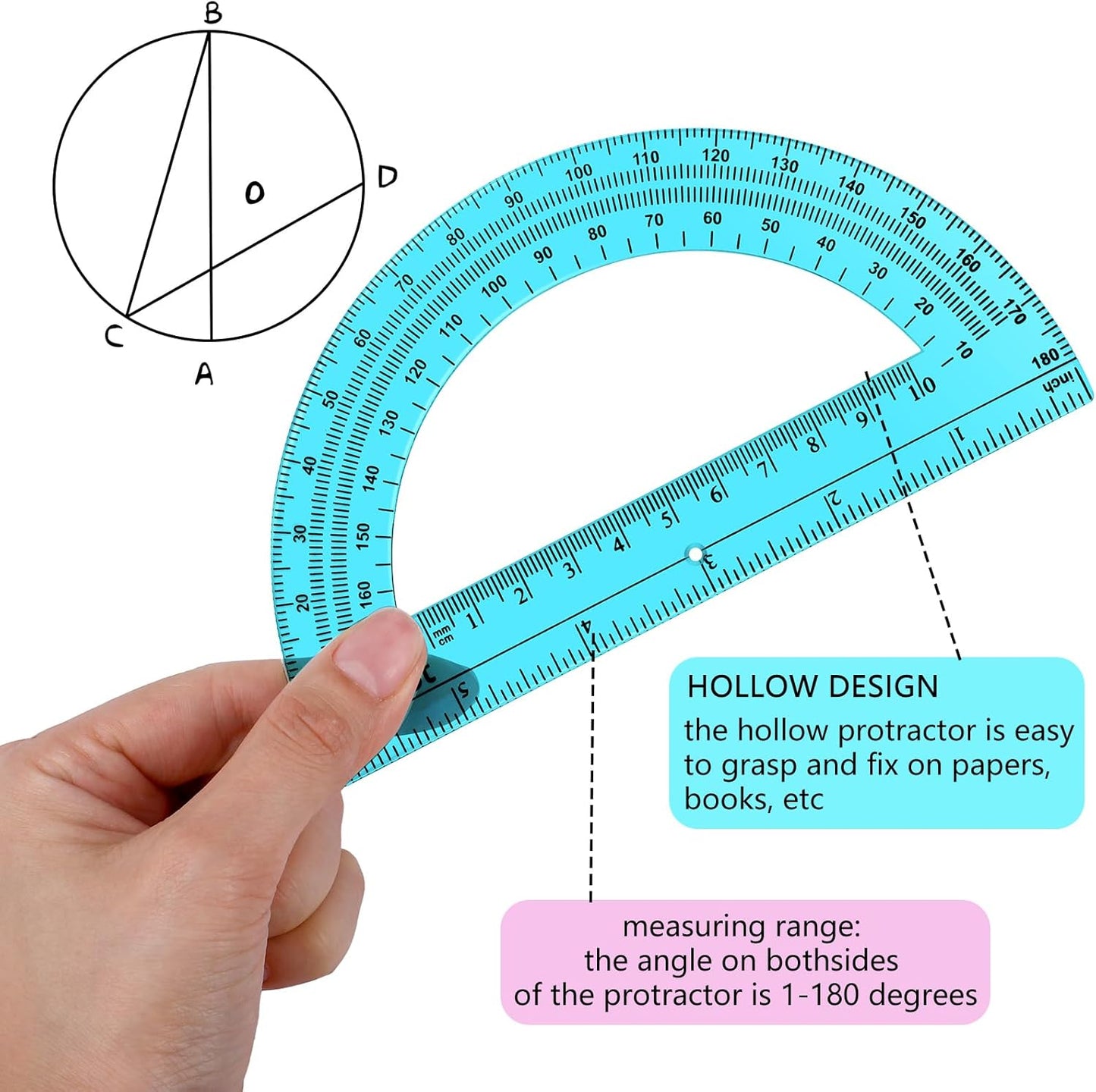 EBOOT 24 Pack Plastic Protractors Math Protractor 180 Degrees 6 Inch (Pink, Blue)