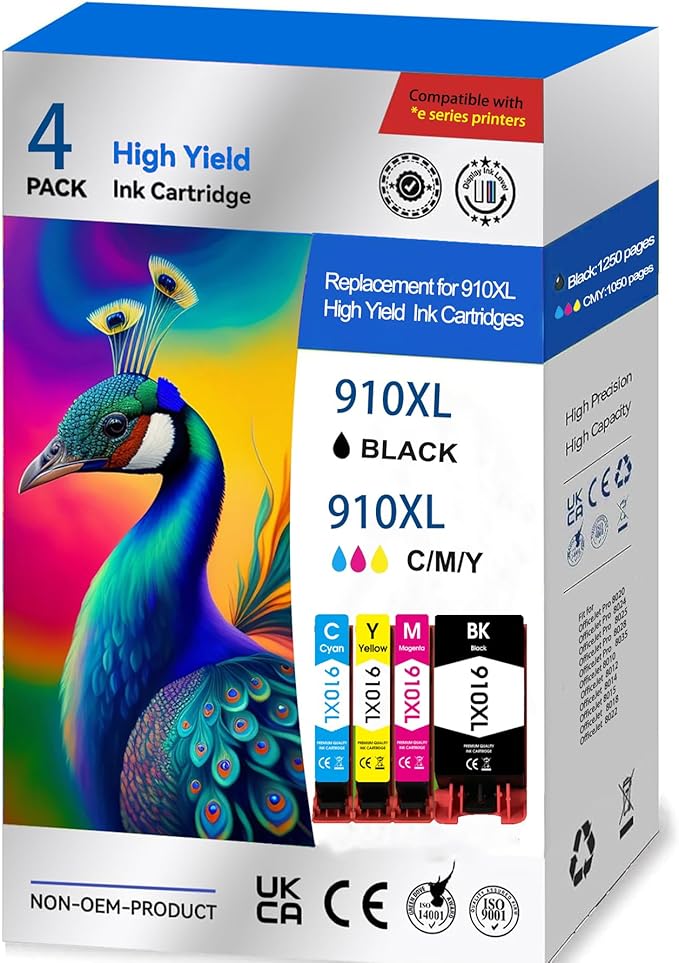 910 Ink 910XL 8020 Printer Ink Cartridges for HP 910 Ink Compatible for 910XL HP910XL HP910 Cartridges Combo Pack for 8025e 8015e 8020 8028e 8025 8035 8022 (Black, Cyan, Magenta, Yellow, 4 Pack)