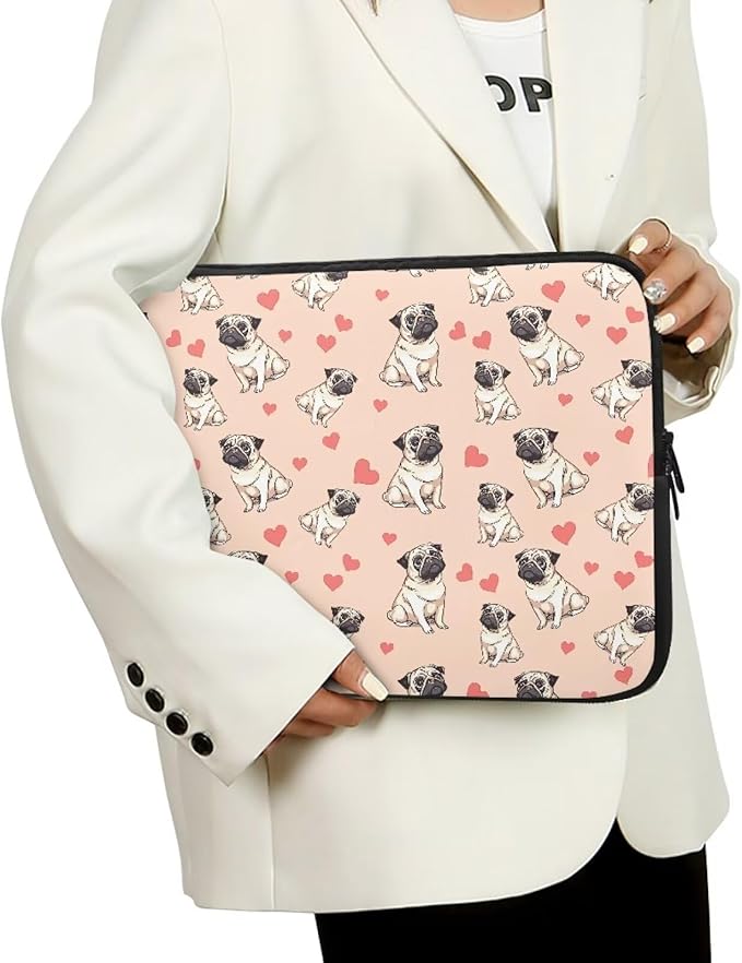 Pug Dog Printed Computer Bags for Laptops for Women, Heart Pattern Computer Carrying Cover Laptop Briefcase, 12 Inch Water Resistant Laptop Case Portable Computer Case Bag