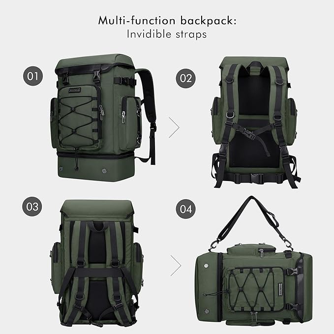 WITZMAN Travel Backpack for Men Women Carry on Bags for Airline Approved Convertible Duffle Luggage Backpack Shoe Compartment（B691 Light Green）