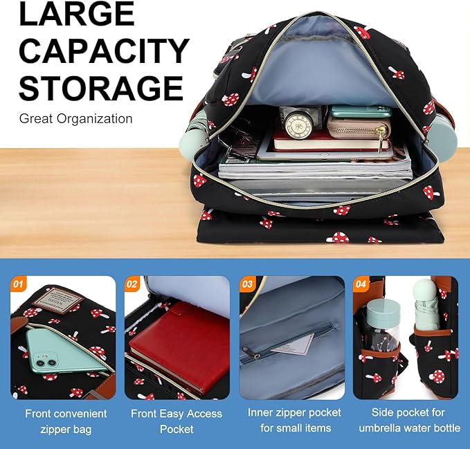 Vintage Travel Laptop Backpack with USB Charging Port, Business Outdoor Sports Bag for Men Women.(Mushroom)