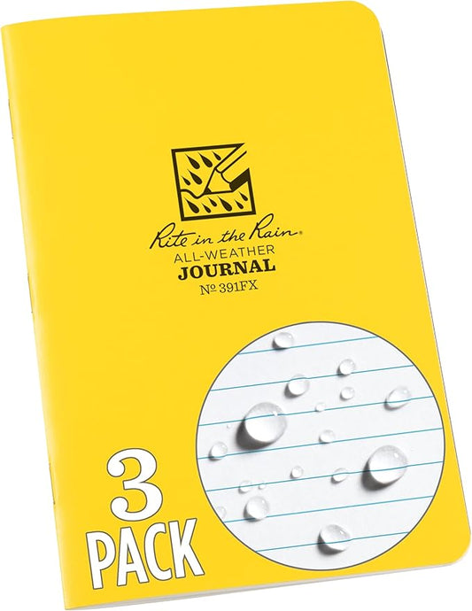 Rite In The Rain Weatherproof Stapled Notebook, 4 5/8" x 7", Yellow Cover, Journal Pattern, 3 Pack (No. 391FX)