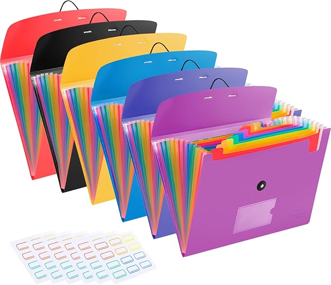 6 Pack Accordion File Organizer Expanding File Folder with 13-Pockets, A4 Letter Size Paper Document Receipt Holder for School Office Supplies