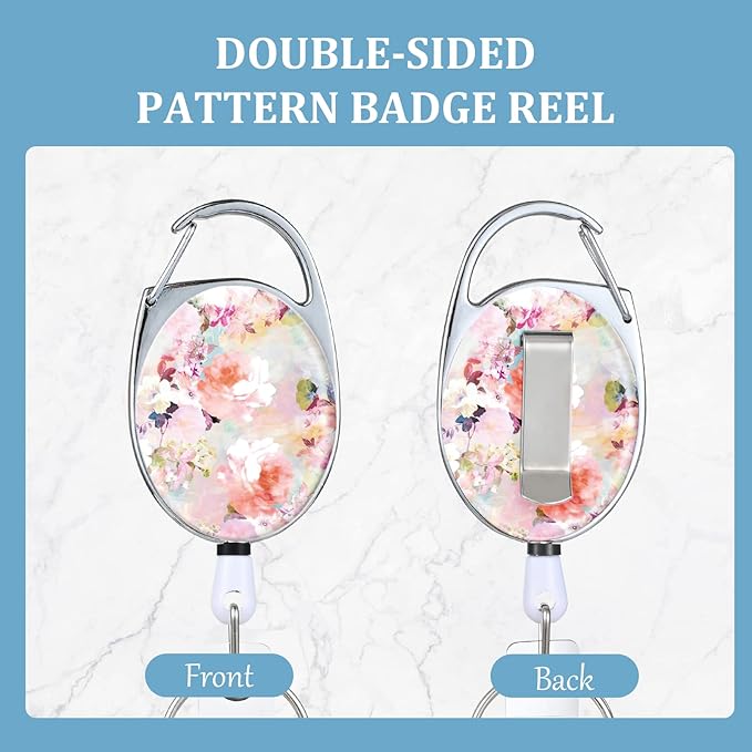 Badge Reels Retractable，Double Sided Color Print Pattern Retractable Badge Holders，with Retractable Keychain, Badge Clip and Key Ring，Durable Nylon Retractable Rope，Pink Flower