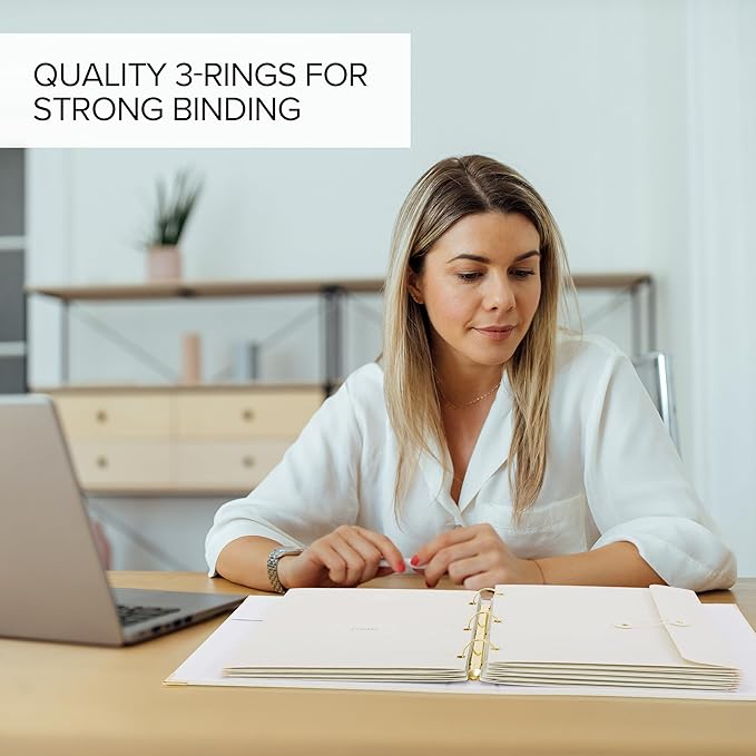 Aesthetic Document Organizer - Sturdy Linen 3-Ring Binder Safely Stores All Your Important Documents and Files in One Place - Easy to Use Expanding Storage Folder Incl. Envelopes, Pockets & Labels