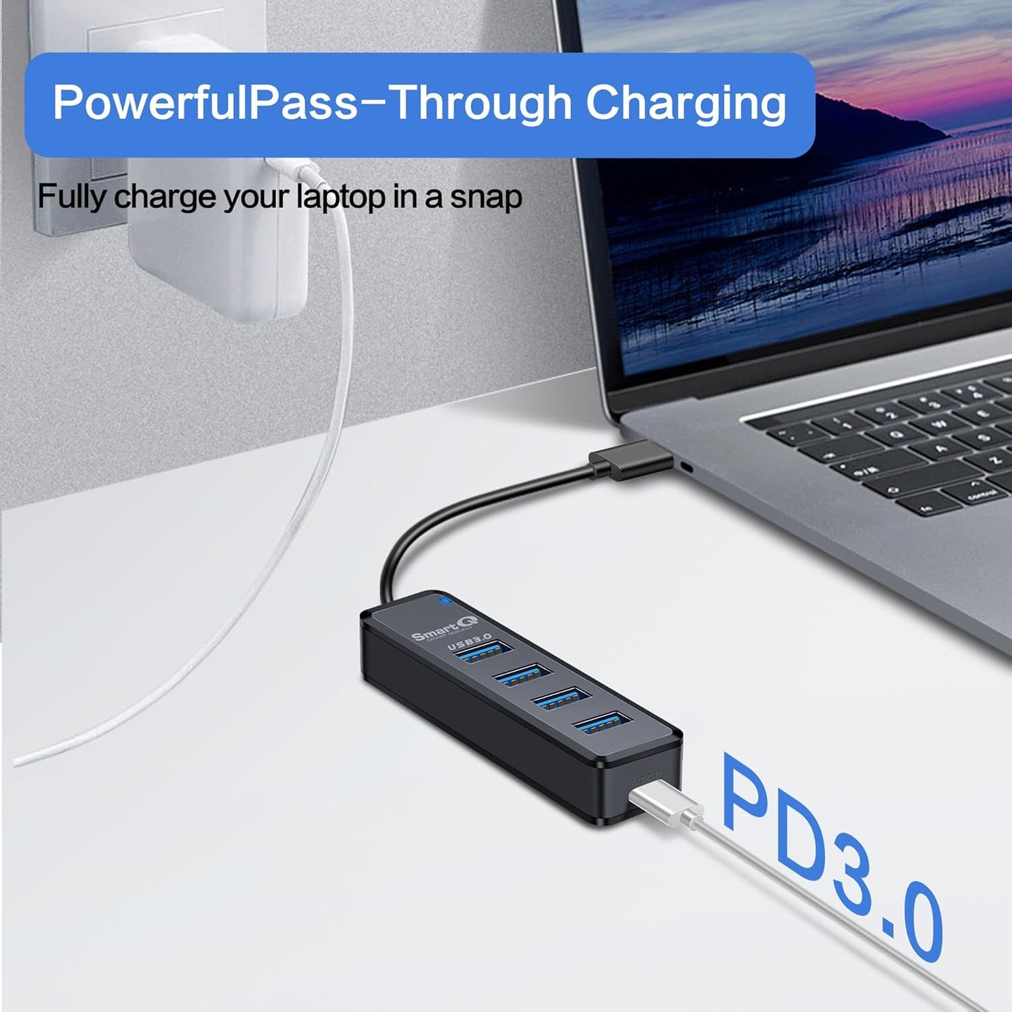 SmartQ H302 4-Port USB 3.0 Hub Long Cable 1ft 3ft with Micro-B Charging Port, Fast Data Transfer USB Hub, Compatible Windows PC, Mac, Surface Pro, Laptop, Printer (USB C - 0.5ft)