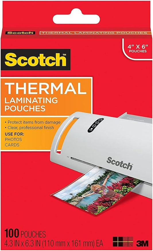Scotch Thermal Laminating Pouches, 100 Count, Clear, 5 mil., Laminate Business Cards, Banners and Essays, Ideal Office or School Supplies, Fits Photo Sized (4.3 in. × 6.3 in.) Paper