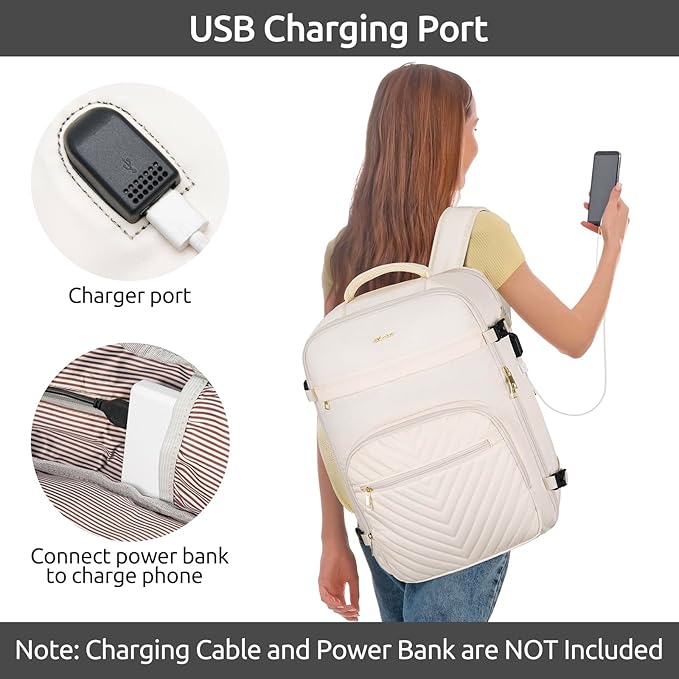 Travel Backpack for Women, Carry On Backpack for Airplanes Flight Approved, Waterproof Large Weekender Overnight Bag Fit 17 Inch Laptop with USB Charging Port, Beige