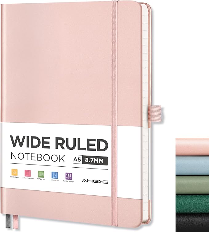 AHGXG Wide Ruled Notebook for School - Lined Journal for Women Men, 192 Numbered Pages, 100 GSM Thick Paper, A5 Hardcover Leather Notebook for Work, Writing, 5.7"×8.3" - Rose Gold