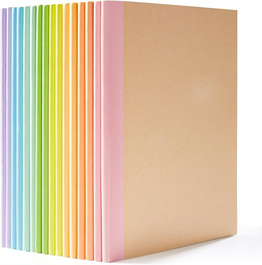 feela 16 Pack Composition Notebook Bulk, Kraft Cover Lined Blank College Ruled Travel Journals with Pastel Color Spine For Women Students Office, 60 Pages, 8.3”x 5.5”, A5, 8 Pastel Colors