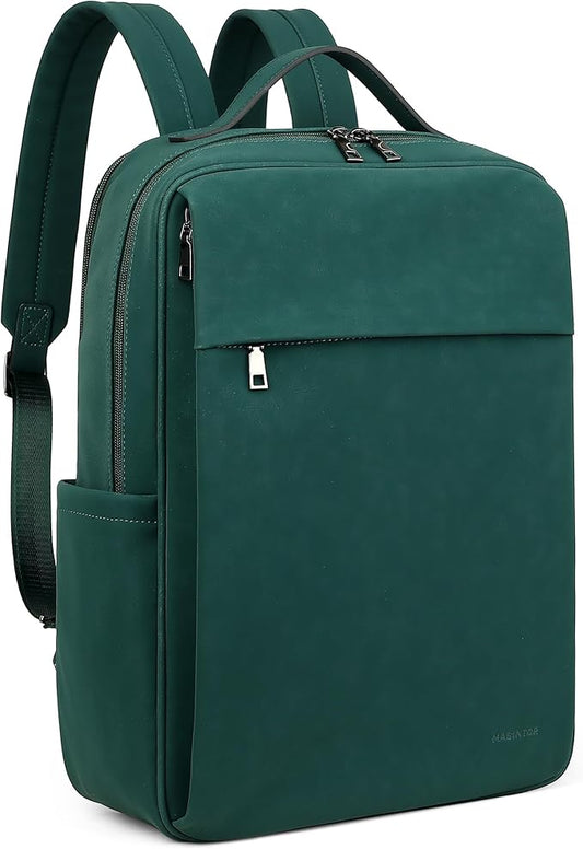 MASINTOR 15.6 inch PU Leather Laptop Backpack Purse for Women, Large College Casual Backpack Travel Bag Retro Green