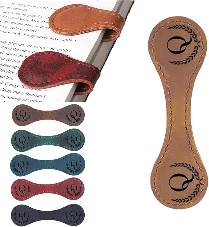 Personalized Magnetic Leather Bookmark, 26 Letters Custom Leather Bookmarks, Handmade, Leather Magnetic Bookmark for Book Lovers Readers Women Kid(Dark Yellow，Q）