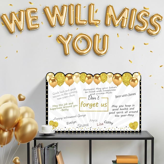 Retirement Greeting Card for Men Women, Large Black Gold Guest Signature Book Gifts, We Will Miss You Good Luck Blessing Greeting Card for Going Away Farewell Decorations Party Supplies.