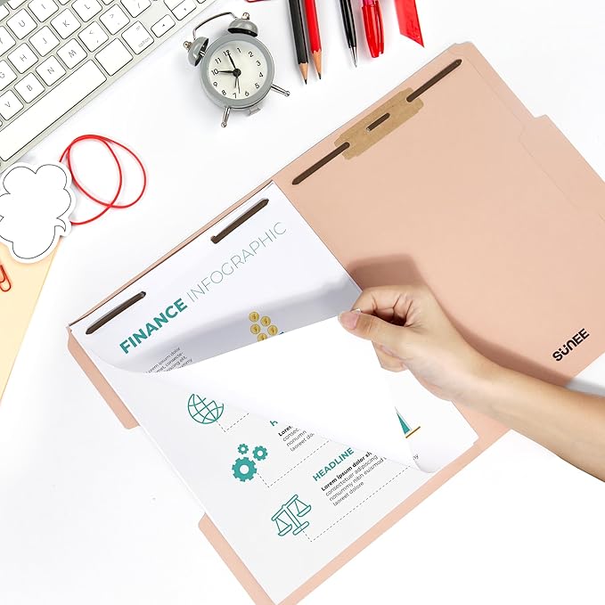 SUNEE File Folders with Fasteners, Manila Folders Letter Size, 2 Reinforced Fasteners, 1/3-Cut Tab, Pastel Color, 50 Pack, Keep Organized for Your Office Documents School Files