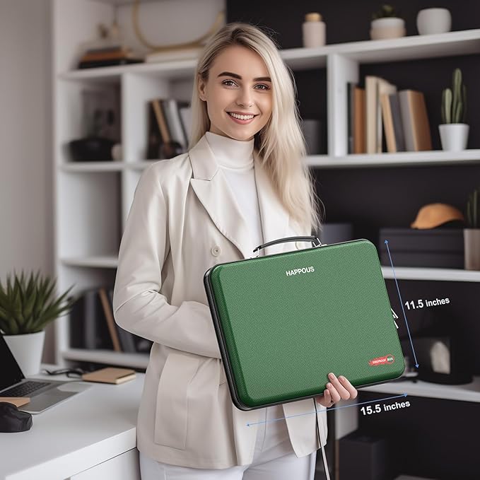 Fireproof Document Box, Expanding File Organizer with 13 Pockets, Portable Fireproof File Box Hard-Shell Document Organizer Storage for Documents Laptop Passports Cards Green