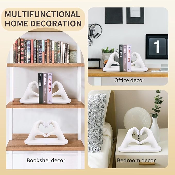 White Decorative Bookends for Shelves, Heart Hands Book Ends Sculpture Aesthetic Decor for Bedroom Living Room Merch Apartment Bookshelf Birthday Women Decorations Stuff Aesthetic