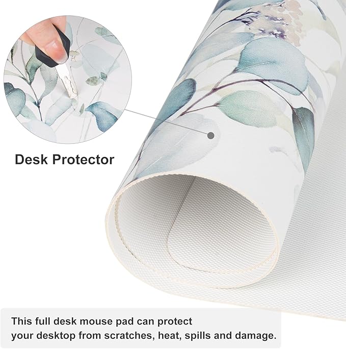 QIYI Large Mouse Pad, Cute Green Leaves Desk Mat for Desktop, Women Girls Office Décor Desk Accessories, PU Leather Waterproof Gaming Mousepad, Eucalyptus Leaf Desk Pad Computer Mat, 31.5" x 15.7"