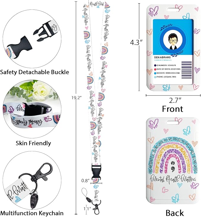 Cute Rainbow Lanyards for Id Badges, Mental Health Matters Badge Reel Heavy Duty with Carabiner Clip, Fashionable ID Badge Holder with Breakaway Lanyard, Teacher Nurse Office Christmas Gifts