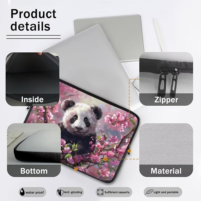 Cherry Blossom Panda Printed Laptop Bag for Women Men, Protective 17 Inch Computer Laptop Carrying Cover Laptop Sleeve Computer Bag with Zipper, Compatible with Most Laptop Computers