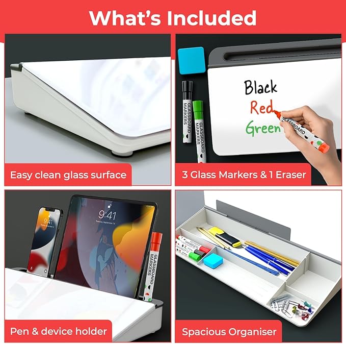 Chalkola Glass Desktop Whiteboard with Storage - Dry Erase Board, Work Desk Organizers, Computer Keyboard Stand, Home Office Desk Accessories, Small White Board, Workspace Desktop Buddy + 3 Markers