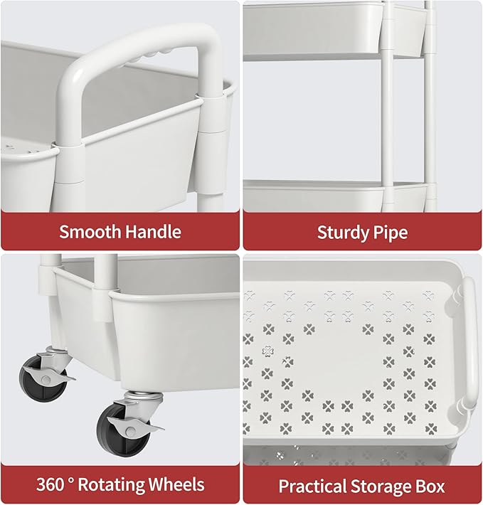 Sywhitta 4-Tier Plastic Rolling Utility Cart with Handle, Multi-Functional Storage Trolley for Office, Living Room, Kitchen, Movable Storage Organizer with Wheels, White