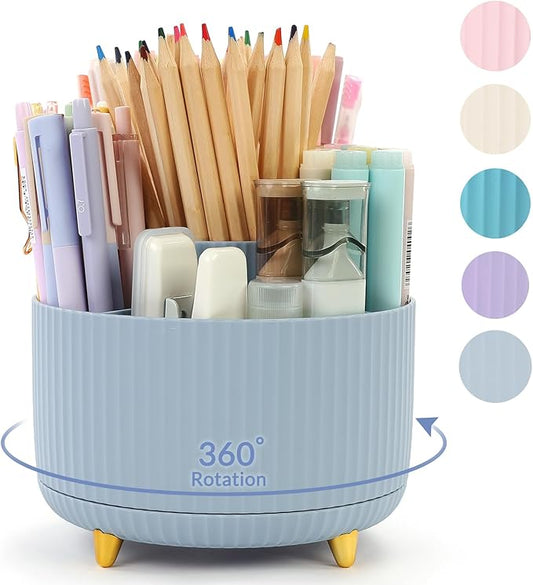 SKYDUE 360 Degree Rotating Desk Organizer, Dual-Purpose Pencil Pen Holder with 5 Slots, Pencil Cup for Office, School, Home (Airy Blue)