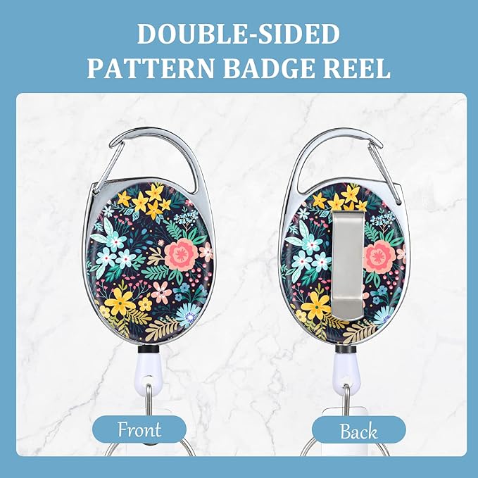 Badge Reels Retractable，Double Sided Color Print Pattern Retractable Badge Holders，with Retractable Keychain, Badge Clip and Key Ring，Durable Nylon Retractable Rope，Flower on Black