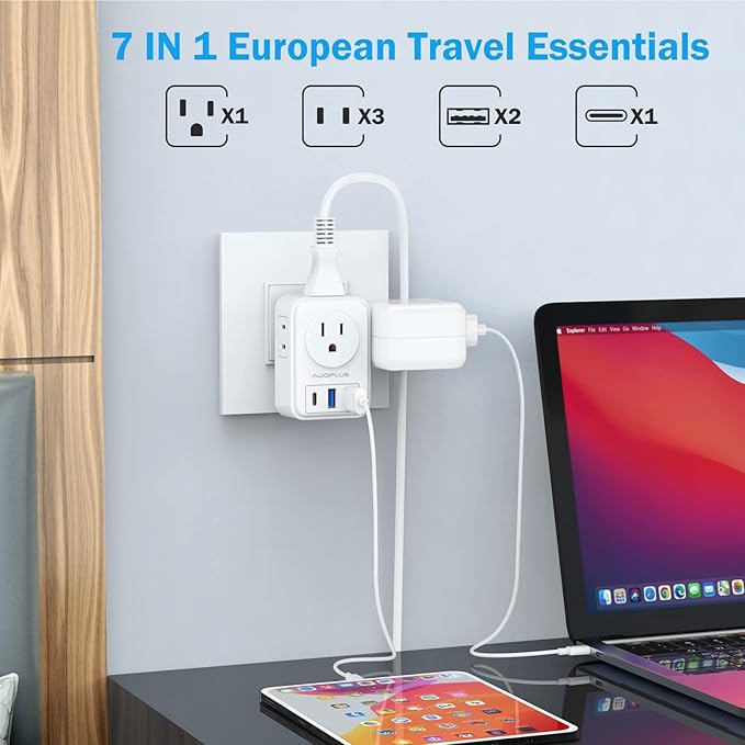 European Travel Plug Adapter, AUOPLUS International Power Plug Adapter with 3 USB Ports (1 USB C), 4 AC Outlets Cruise Ship Essentials for US to Most of Europe Spain Italy France Germany