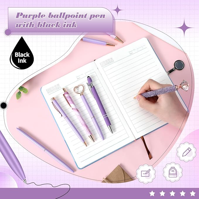 Supervitae 8 Pcs Ballpoint Pen for Women Fancy Gifts for Journaling Liquid Sand Glitter Black Ink Pens Bridal Shower Gifts for Wedding Women Office Desk School Stationery Supplies(Purple)